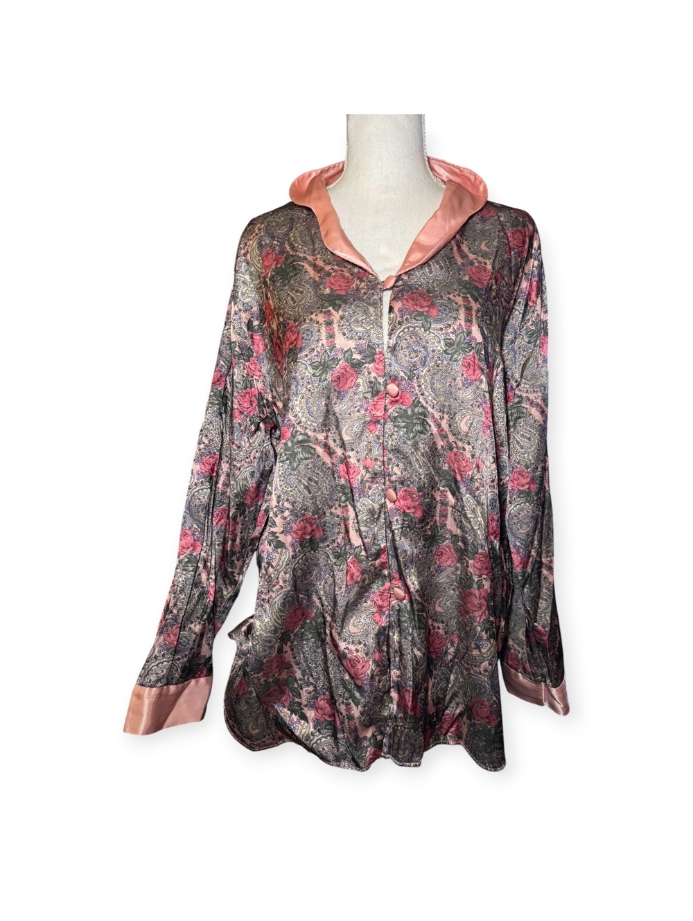 Kathryn Bed Jacket Vintage Button Up Sleepwear Floral Paisley Pink Satin Sz L GC